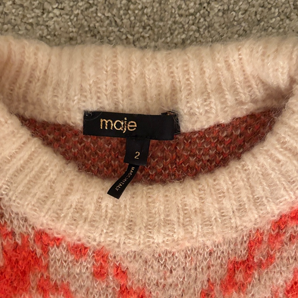 Maje Vibrant Red and Tan Checkered Crewneck Sweater - Picture 2 of 5
